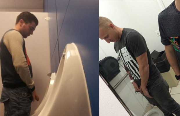 Guys pissing urinal